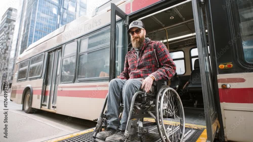 Transport Inclusivity Accessible Journey: An individual in a wheelchair boards a public ...