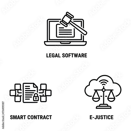 Legal Tech Icon Set Gavel Software Smart Contract E-Justice