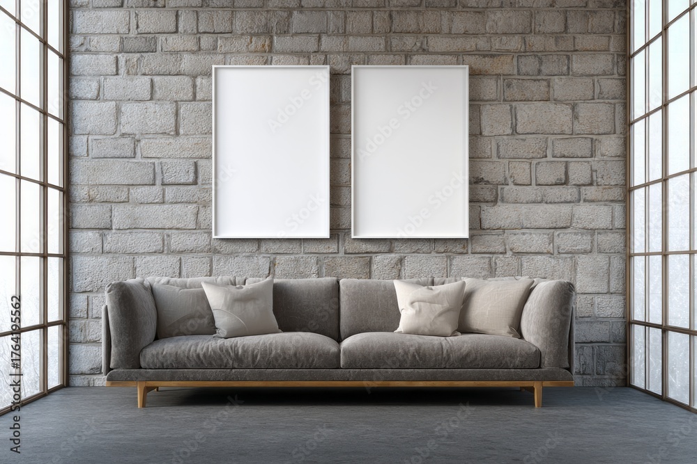 Fototapeta premium Two blank frames hang above a sofa near large windows.