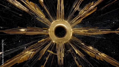 Futuristic abstract golden black hole and glowing tunnel in dynamic digital energy explosion with radiant sparks and technological lines