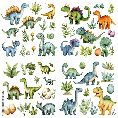 Watercolor dinosaurs set isolated. Prehistoric animals stegosaurus, brachiosaurus isolated on a transparent background
