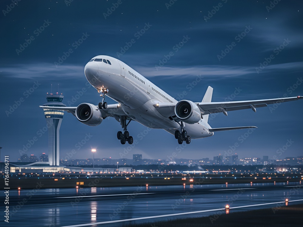Fototapeta premium A large passenger jet takes off from an airport runway at dusk, with a control tower and city skyline in the background.