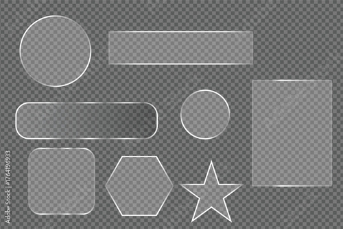 Vector art of collection of transparent glass shapes with light reflections on grid