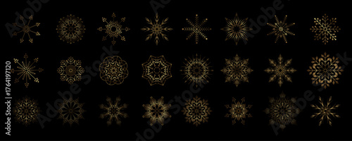 Merry Christmas. Golden exquisite isolated snowflakes.