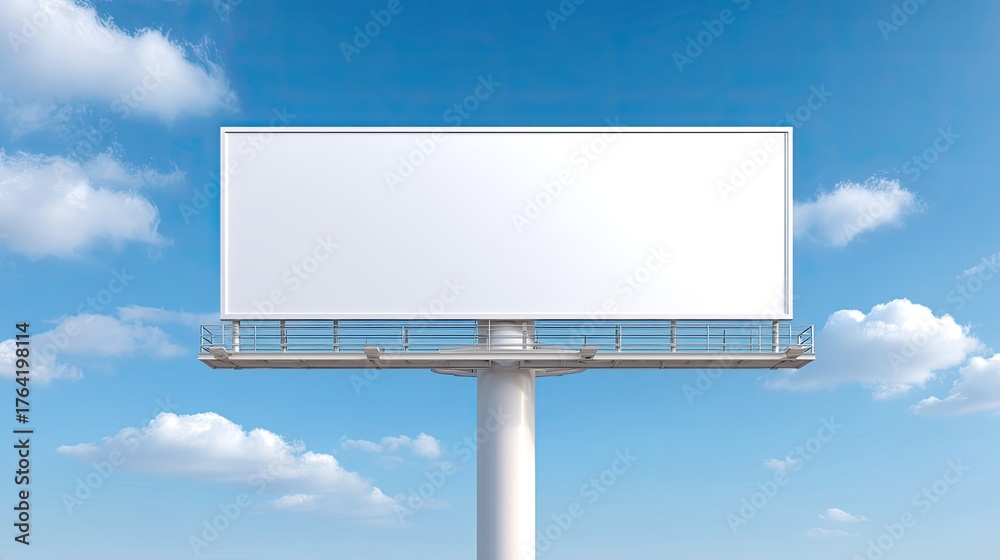 Obraz premium Blank Billboard Under Bright Blue Sky with Fluffy Clouds for Advertising Purposes and Marketing Campaigns