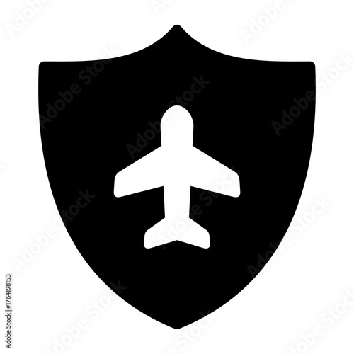 Airplane Security and Travel Insurance Shield Glyph Icon for Aviation Safety, Flight Protection, Travel Insurance, and Secure Air Transportation Services, Ideal for Agencies and Airline Apps