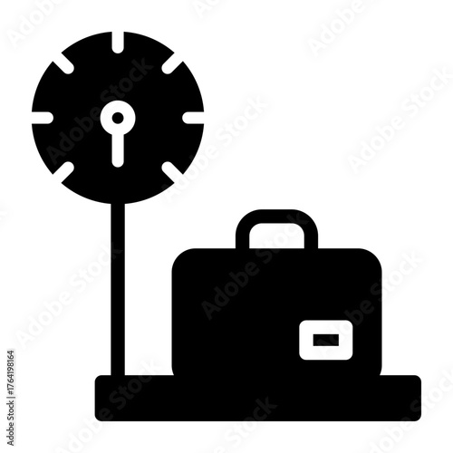Luggage Weight Scale Black Glyph Icon | Minimalist Vector Symbol for Airport Check-in, Travel Baggage Allowance, Overweight Fees, and Freight Logistics, Ideal for Airline Apps and Courier Services