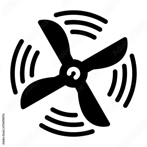 Rotating Fan or Propeller Black Glyph Icon. .Vector Symbol for Air Circulation, Cooling, Ventilation, Drying, or Aviation, Ideal for Laundry Services, Climate Control Apps, and Industrial Use