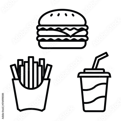 Fast Food Icon Set Hamburger Fries Soda Outline Vector