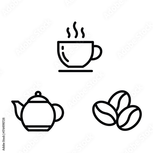 Coffee Shop Icon Set Coffee Cup Teapot Bean Outline Vector