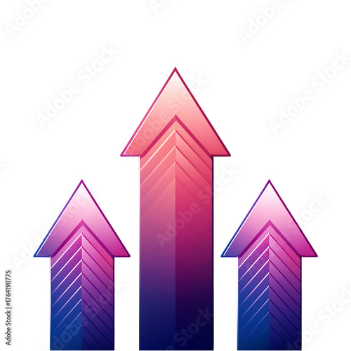 Three luminous glowing arrows pointing up on futuristic transparent background