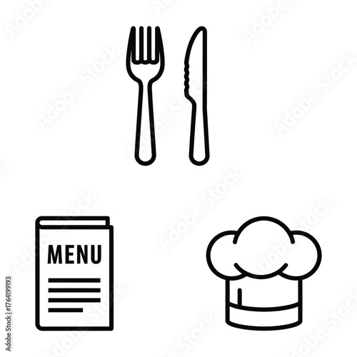 Restaurant Dining Icon Set Cutlery Menu Chef Hat Outline