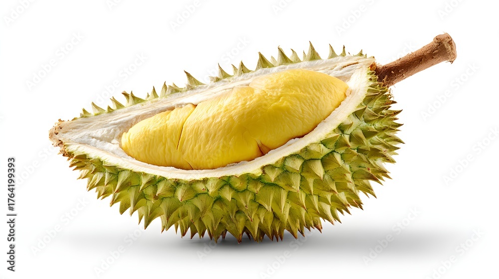 Fototapeta premium Spiky tropical fruit cut open revealing creamy yellow flesh and stem against a white background