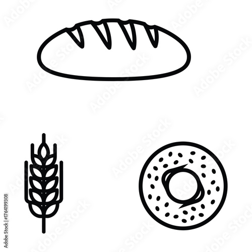 Grains Bread Icon Set Loaf Wheat Stalk Bagel Line Art
