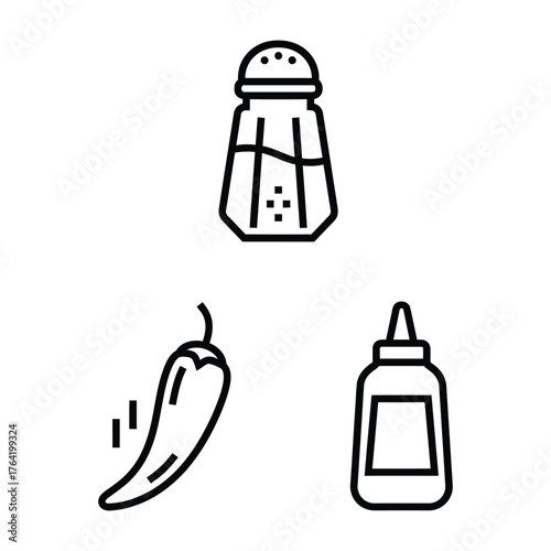 Spices Condiments Icon Set Salt Chili Ketchup Outline Vector