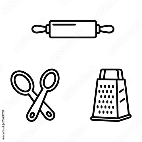 Cooking Utensils Icon Set Rolling Pin Spoon Grater Line Art