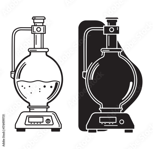 Black and white illustration of a laboratory rotary evaporator used in science experiments