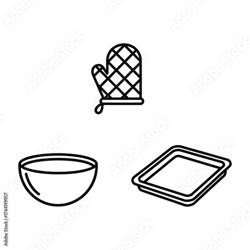 Baking Equipment Icon Set Oven Mitt Bowl Baking Sheet Outline