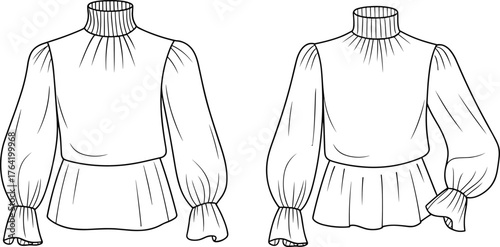 Women's blouse fashion sketch, gathered neckline top, puff sleeve design, fitted waist silhouette, CAD drawing flat vector illustration