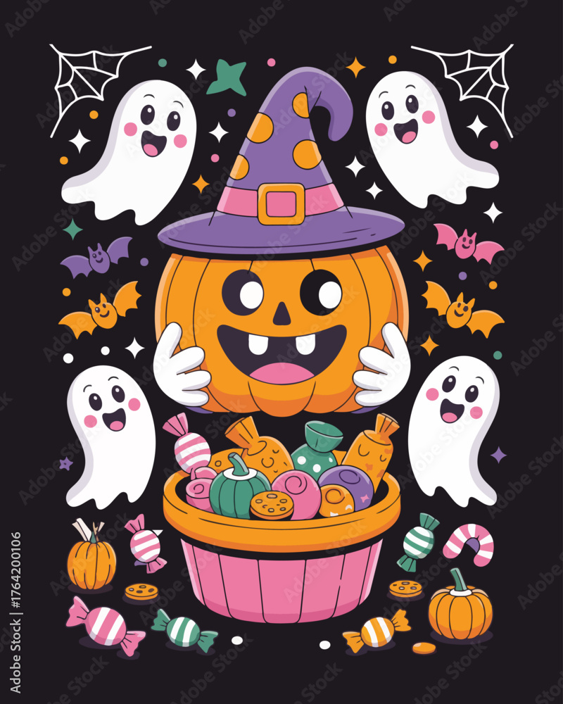 Obraz premium Cute quirky Halloween vector with friendly monsters, smiling witches, pumpkins, candles, crystals, potions & fog — perfect for festive seasonal art