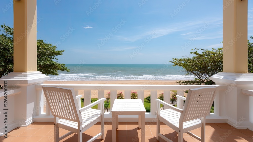 Obraz premium Serene Coastal View from Balcony with Two White Chairs Overlooking Calm Sea and Clear Sky