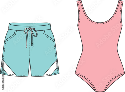 Fashion swimwear technical flat illustration, aqua blue shorts and pink one piece swimsuit, modern apparel design, cad vector template