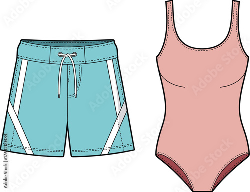 Modern swimwear fashion illustration, aqua blue board shorts and pink one piece swimsuit, technical flat cad drawing vector, apparel design template