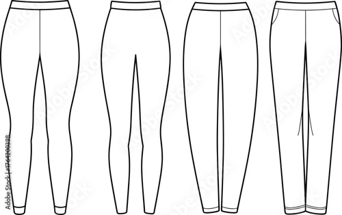 Front and back view leggings and jogger pants fashion design template, women activewear clothing illustration, CAD technical flat vector drawing