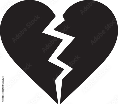Broken Heart Black Silhouette Vector, Love Icon for Apps & Website Design 