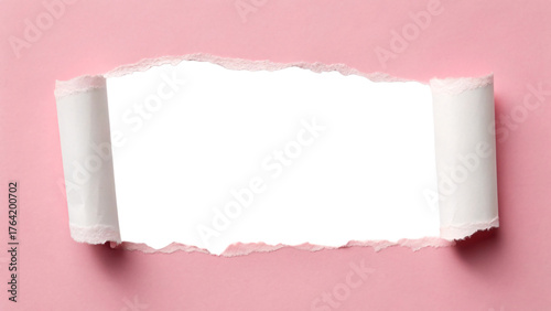 Pink paper torn horizontally with rolled edges on sides revealing clean white space in middle, isolated on a transparent background