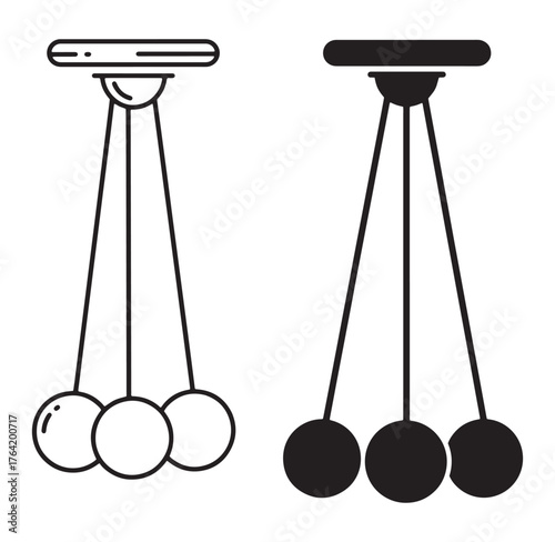 Newton's cradle illustration in outlined and filled black and white minimalist design