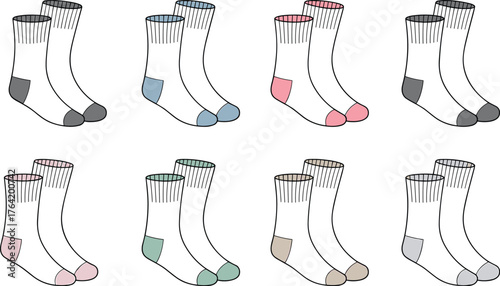 PrintColorful ankle socks vector set, fashion flat design illustration, unisex cotton socks template, clothing accessory outline, footwear design collection