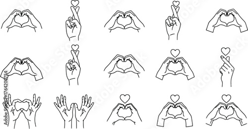 Vector art of collection of hand gestures forming hearts and crossed fingers