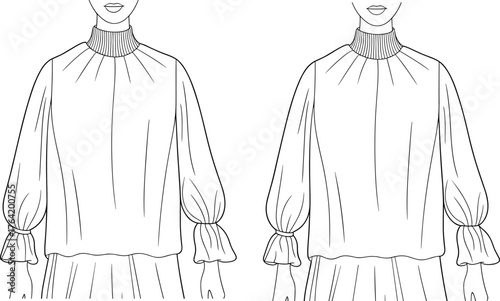 Women's blouse fashion sketch, ribbed neckline top, ruffled cuff sleeve, voluminous fit variation, CAD drawing flat vector illustration