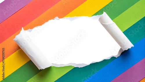 Rainbow striped paper torn revealing white space, colorful diagonal stripes from pink through blue spectrum, isolated on a transparent background