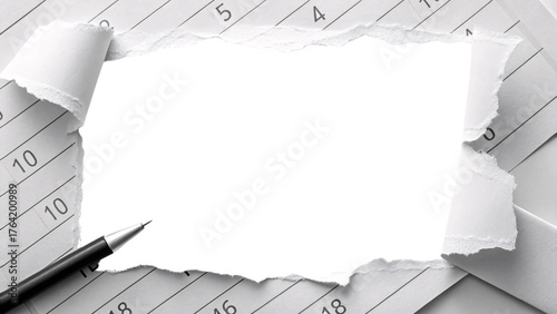 White torn paper frame on lined notebook paper with pen creating blank writing space with ragged edges