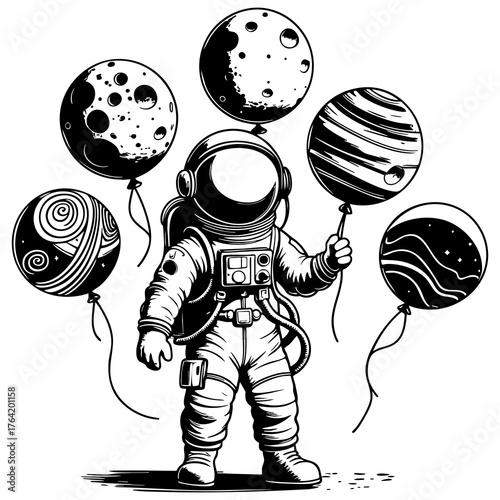 Astronaut with Five Planet Balloons