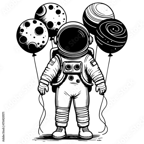 Astronaut Holding Planet Balloons