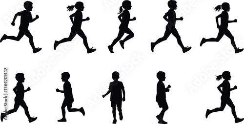 Silhouette of children playing together, active boys and girls in motion, joyful kids enjoying fun outdoor activities on white background