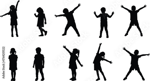 Silhouette of children dancing and jumping with arms raised, playful kids in motion, joyful childhood fun and freedom concept illustration