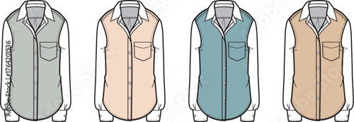 Four sleeveless collared shirts in different colors displayed in a row on a white background, fashion illustration
