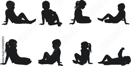 Silhouette of children sitting and relaxing on the ground, kids resting outdoors, calm and peaceful childhood leisure illustration design