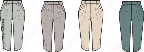 Fashion flat sketch of women's cropped pants collection, showcasing four versatile color variations of a comfortable and stylish casual trouser design, ideal for modern wardrobes