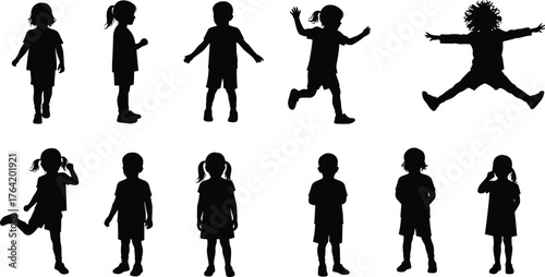 Silhouette of playful children jumping, running, walking, and posing, active boys and girls isolated on white background, fun activity concept