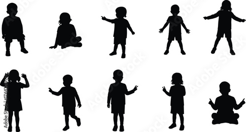 Silhouette of children standing, sitting, and playing in various poses, active boys and girls isolated on white background, childhood concept