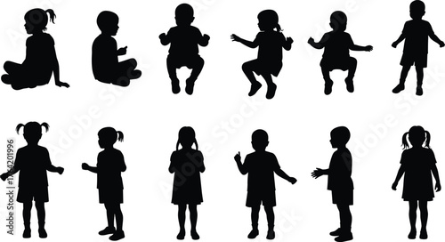 Silhouette of children sitting, jumping, and standing in various poses, active boys and girls isolated on white background, childhood activity concept