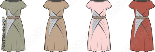 Collection of four draped ancient Greek chiton dresses in different colors on a white background