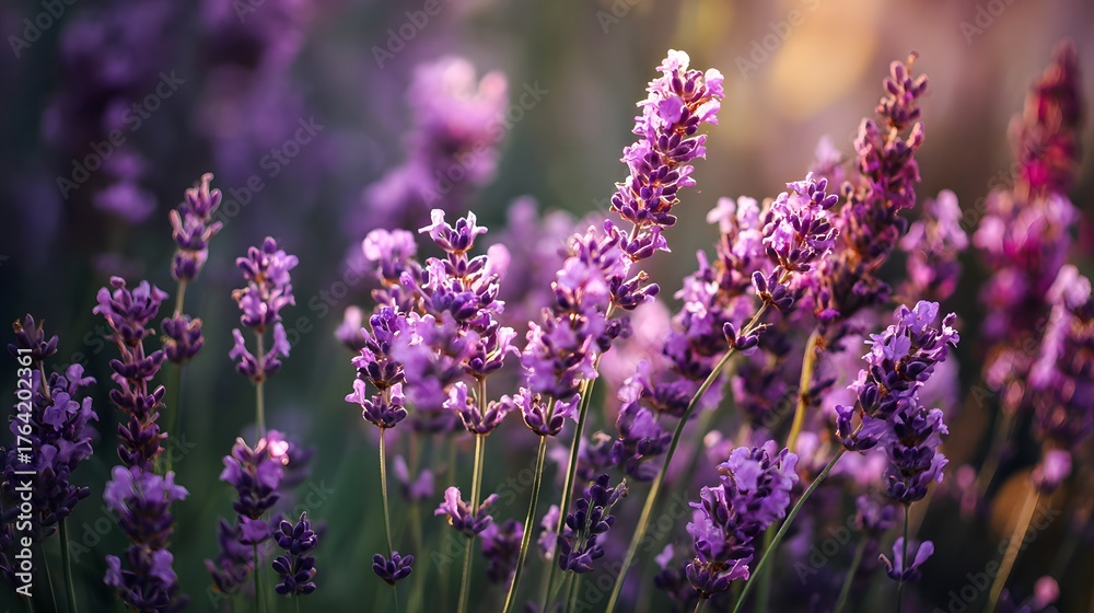 Obraz premium Abundant purple flowering spikes bloom vibrantly amidst soft, diffused sunlight in a garden setting.