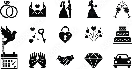 Vector art of assortment of wedding and love icons featuring rings, envelopes, couple, cake, dove, key, heart, calendar, handshake, diamond, and car