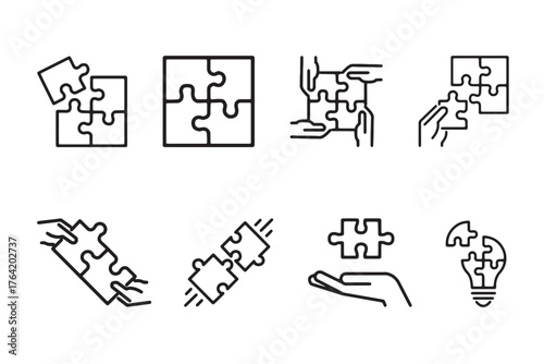 Puzzle and teamwork icons. Set of web icons in line style representing solution finding, collaboration, integration, ideas, innovation, strategy, and shared goals for digital design projects.